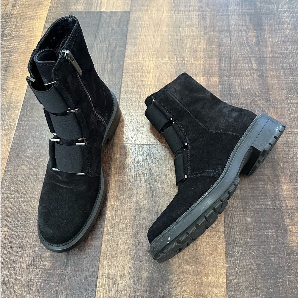 Aquatalia Waterproof Black Suede Buckle Moto Ankle Boots Size 7